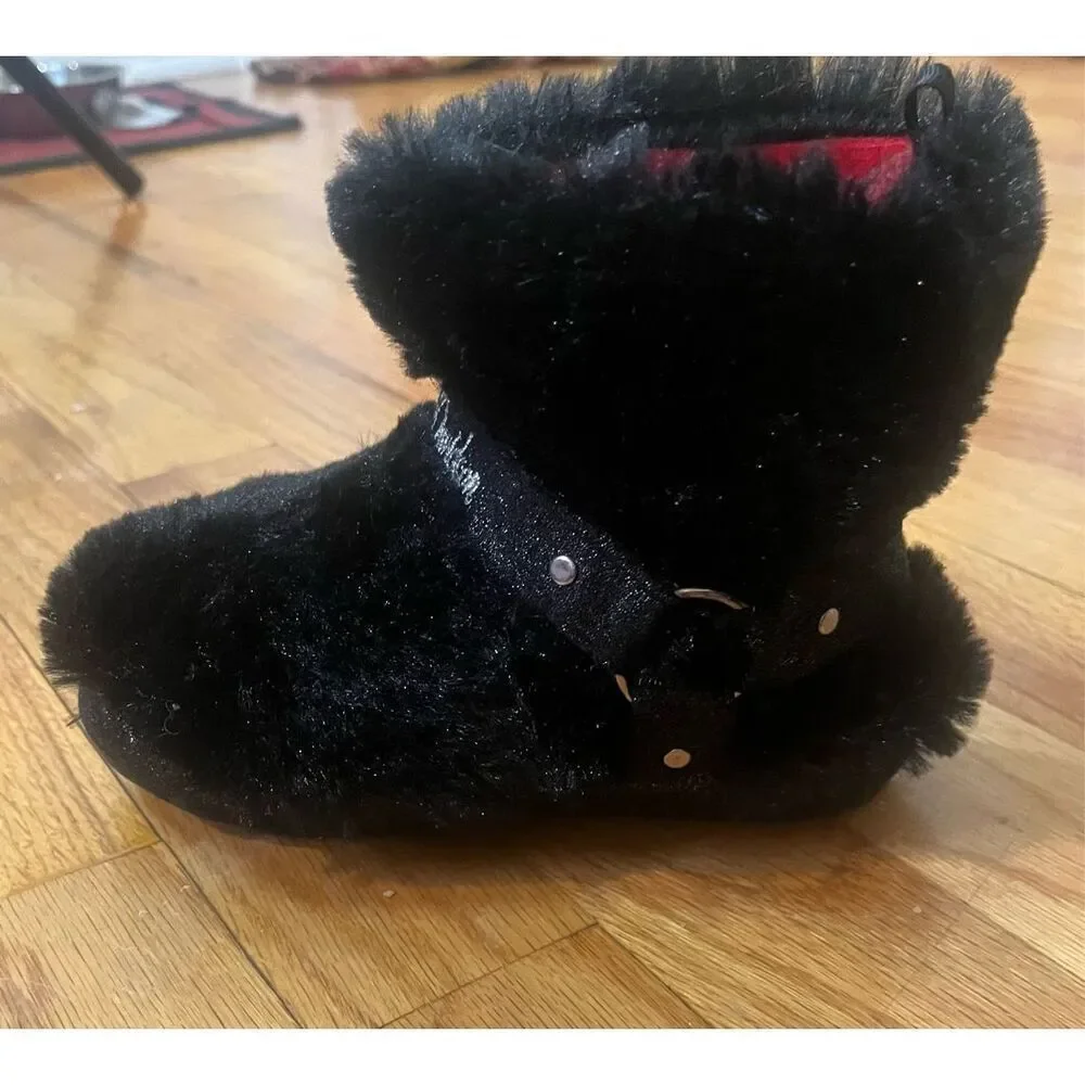 Harley Davidson Toddler Faux Fur Biker Boot Slippers Sz 10-11 Black Branded W Ha
